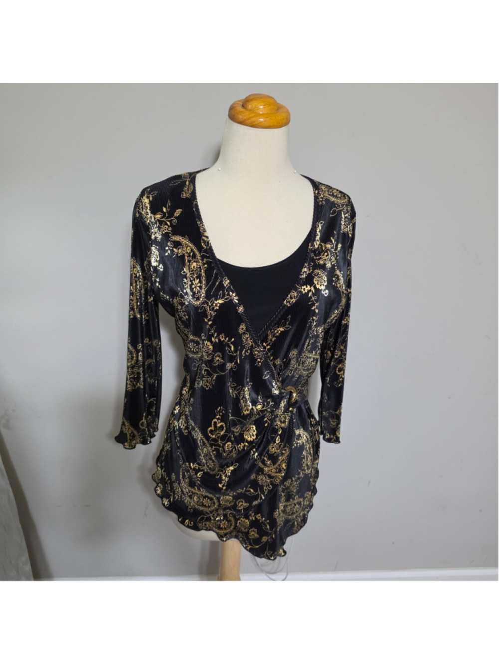 Brittany Black Faux-Wrap Top Black Gold Metallic Paisley Floral Size M